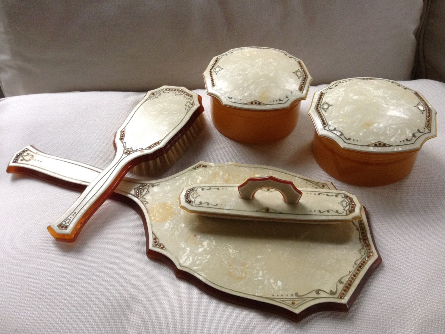 Antique 1920’s 3 PCs Amber Celluloid Art Deco‎ Brush Vanity Set Vintage Celluloid Vanity Set: Hair Brush, Dupont Comb  main image 3