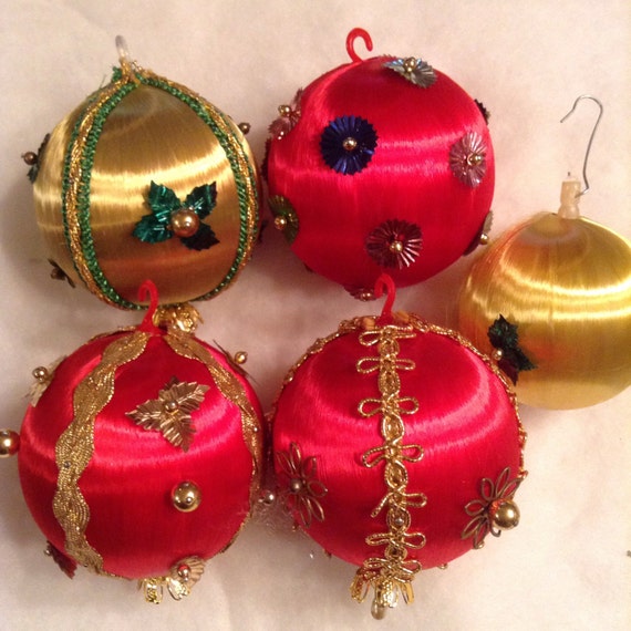4 Vintage Decorated Satin Christmas Ball Ornaments. Gold And Etsy image 0 - 4 Vintage Decorated Satin Christmas Ball Ornaments. Gold And Etsy