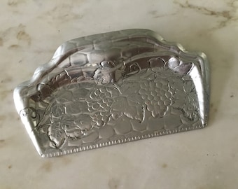 Vintage Aluminum Crumb Catcher. Silver Metal Table Crumb Catcher. Etched, Stamped with Grapes & Leaves. World Hand Forged, 1930s-1940s. 7.5&quot;