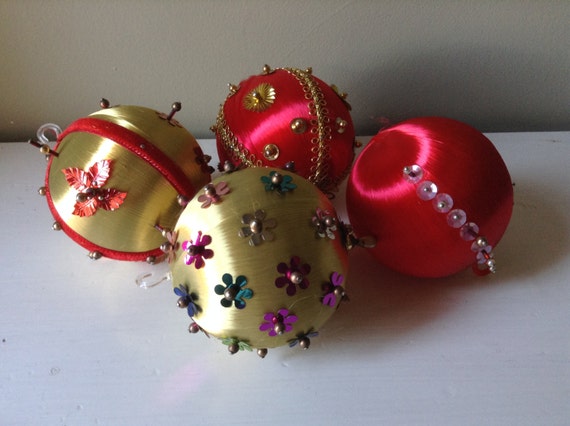 4 Vintage Decorated Satin Christmas Ball Ornaments. Gold And Etsy image 0 - 4 Vintage Decorated Satin Christmas Ball Ornaments. Gold And Etsy