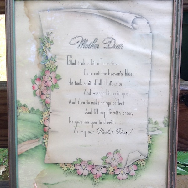 Shabby Chic Vintage "Mother Dear" Poem Framed Print. Vintage pastel floral print in distressed frame.Gift for Mom. 8.5 x 10.5 inches. 1930's