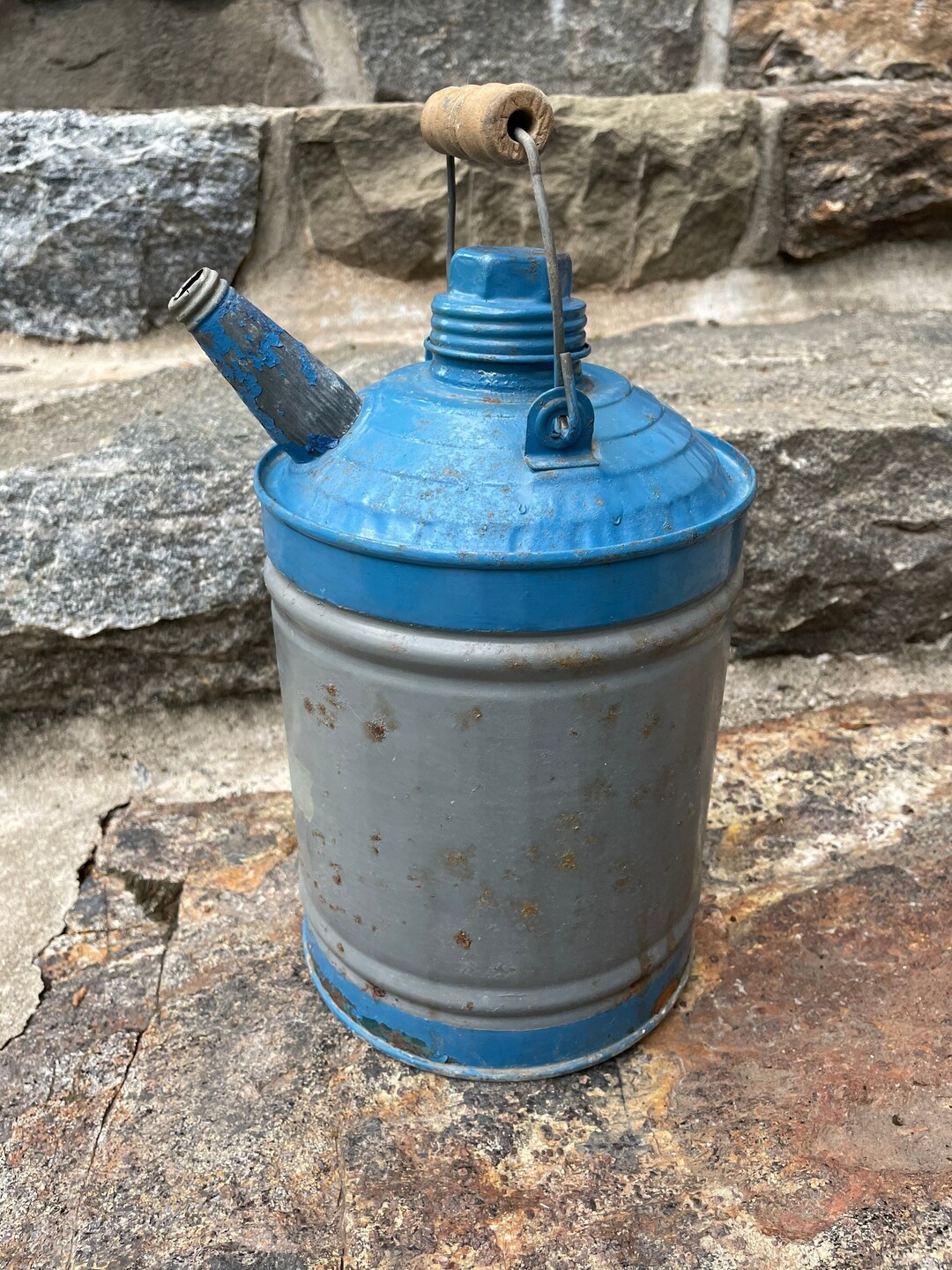Vintage Old Galvanized Metal Oil Can With Blue Paint. Round Etsy