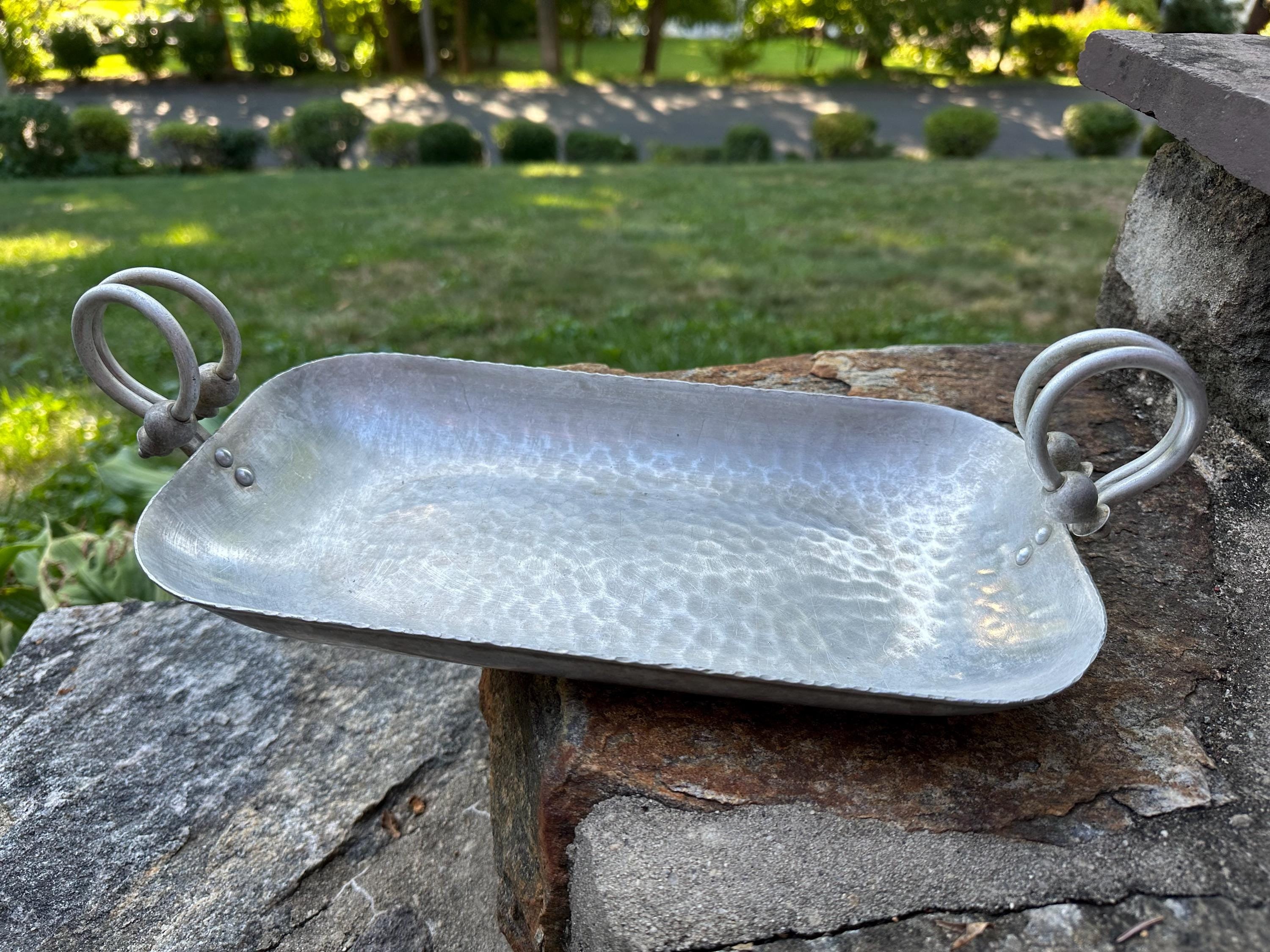 Vintage B.W. Buenilum Aluminum Hammered Bread Bowl / Oblong Serving Platter, Curved Handles. Mid Century Aluminum. Rectangular Serving Dish.