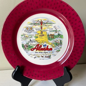 Vintage Alaska Small Souvenir Plate, Red Border with Gold Trim. US State Decorative Plate. Homer Laughlin Plate. Alaska the 49th State. USA