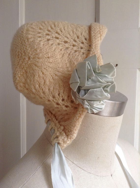 Vintage Hand Knit Baby Hat, Cream Colored Yarn and