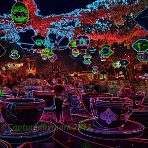 Disneyland&#39;s Mad Tea Cups at Night, Neon Style - Fine Art Photographic Print