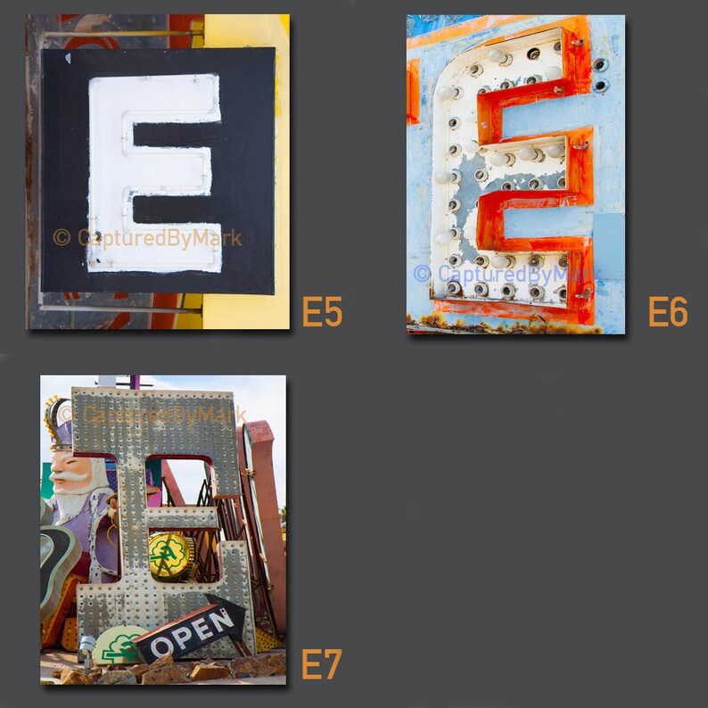 K&ouml;nnte beinhalten: Drei verschiedene Bilder des Buchstabens "E" aus Metall und Lichtern. Das erste Bild ist eine Nahaufnahme eines schwarz-wei&szlig;en Schildes mit dem Buchstaben "E" in Wei&szlig;. Das zweite Bild ist eine Nahaufnahme eines rostigen Metallschildes mit dem Buchstaben "E" in Rot und Blau. Das dritte Bild ist eine Nahaufnahme eines rostigen Metallschildes mit dem Buchstaben "E" in Silber und Gold.