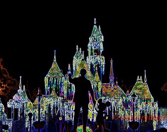 Walt Disney y Mickey Mouse Navidad silueta, estilo neón - impresión fotográfica de obras de arte