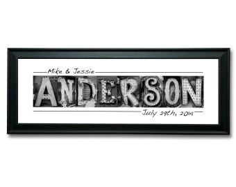 Könnte beinhalten: Schwarzweißfoto des Namens "Anderson", der mit alten Glühbirnen ausgeschrieben ist. Der Text "Mike & Jessie" und "July 29th, 2014" steht über und unter dem Namen.