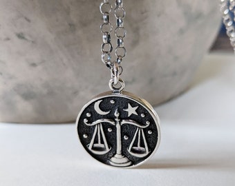 Libra Coin Necklace, Personalized Zodiac Necklace, Silver Coin Necklace, Celestial Necklace