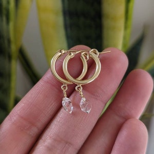Herkimer Diamond Drop Earrings, Drop Hoop Earrings, Dainty Drop Hoop Earrings, Minimal Hoop Earrings, Crystal Drop Hoops, Herkimer Jewelry