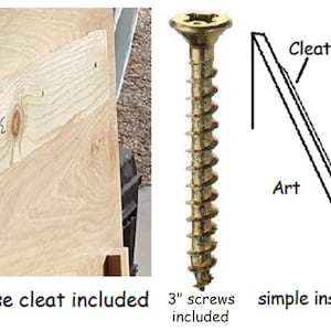 May include: A 45-degree angle wooden cleat attached to a piece of plywood with screws. A loose cleat is included. The image also shows a 3-inch screw and simple instructions for hanging art on a wall stud.