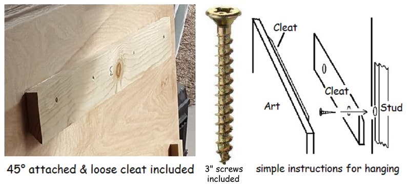 May include: A 45-degree angle wooden cleat attached to a piece of plywood with screws. A loose cleat is included. The image also shows a 3-inch screw and simple instructions for hanging art on a wall stud.