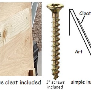 May include: A 45-degree angle wooden cleat attached to a piece of plywood with screws. A loose cleat is included. The image also shows a 3-inch screw and simple instructions for hanging art on a wall stud.