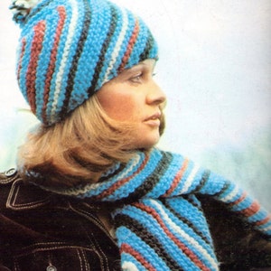 Spiral Beanie and Scarf- Vintage Knitting Patterns, chunky pom pom hat, PDF InStAnT DoWnLoAd