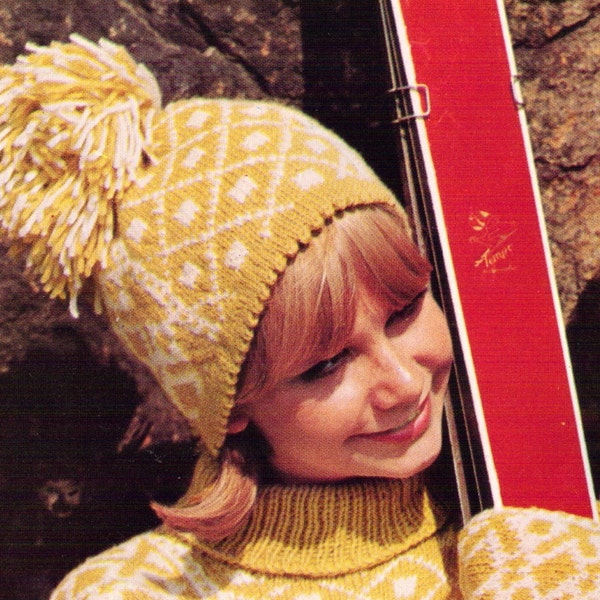 Mittens, Sweater, Hat- 3 Vintage Knitting Patterns, Fair Isle patterned pom pom beanie, turtleneck, PDF InStAnT DoWnLoAd