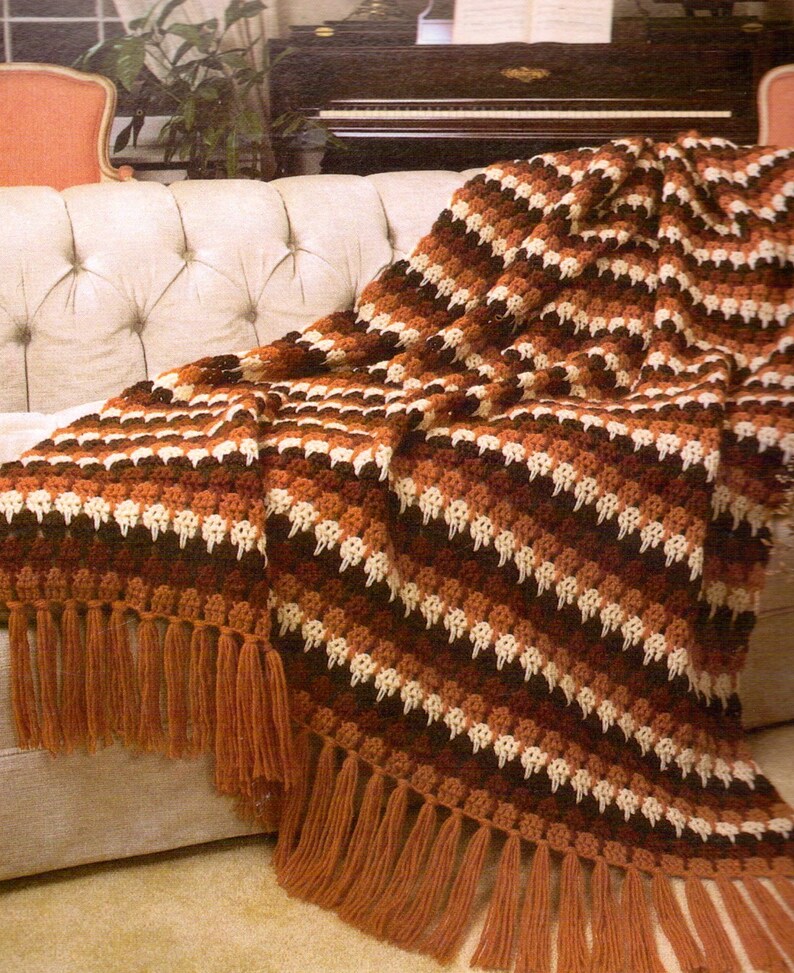Tier Drop Afghan Vintage Crochet Blanket Pattern, Retro Throw, Couch
