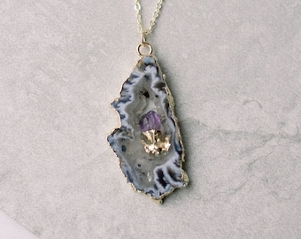 Amethyst Geode Pendant Necklace: Gold Plated Agate Druzy