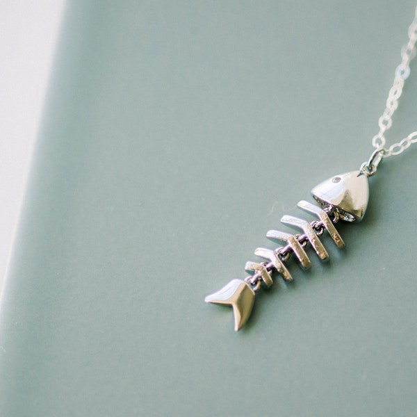 Silver Fish Skeleton Necklace • Dainty Fishbone Necklace • fish bone pendant necklace • gift for fishing lover • gifts for fisherman wife •