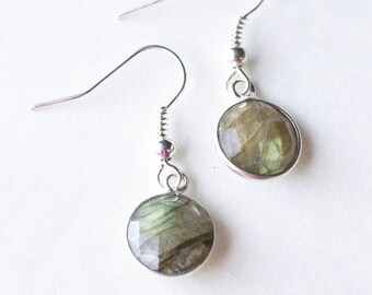 Silver Labradorite Earrings / dainty earrings / Round Labradorite Earrings / labradorite gift for her