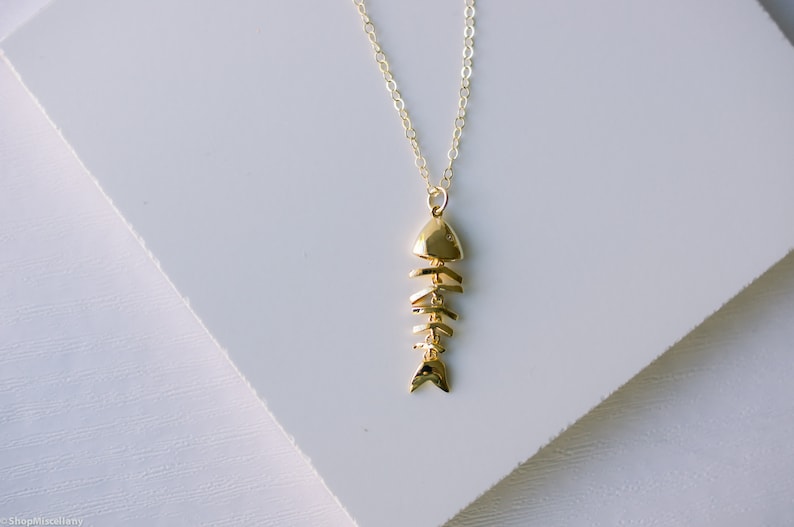 Gold Fish Skeleton Necklace Dainty Fishbone Necklace Fish Etsy