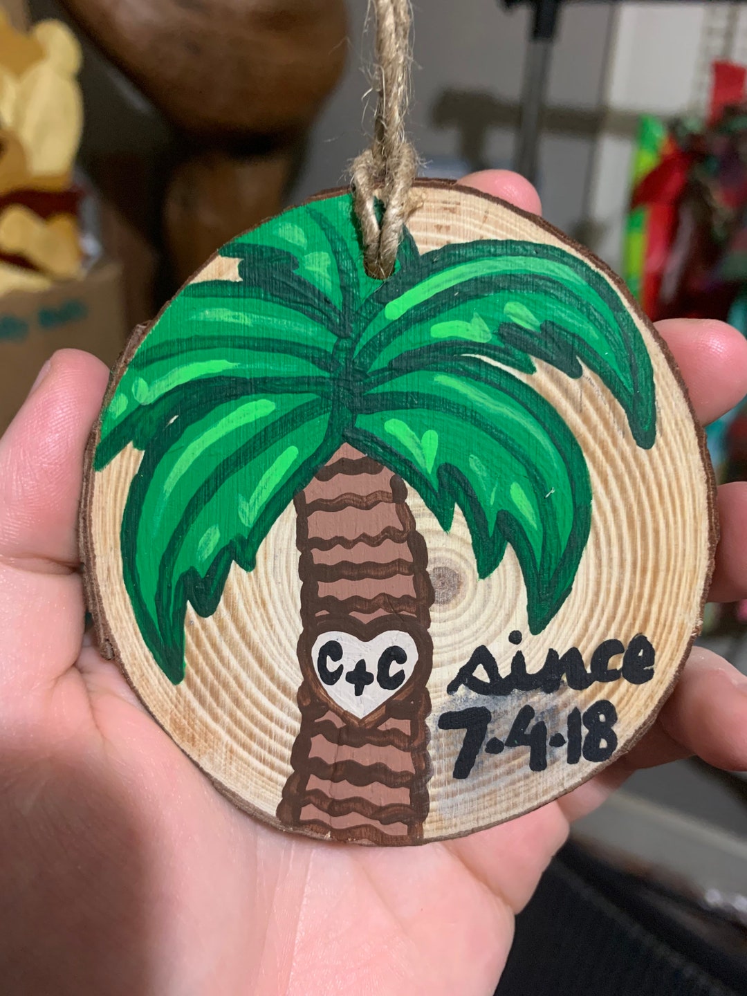 Hand Painted Palm Tree Wood Slice Ornament, Painted Wood Slice Ornament