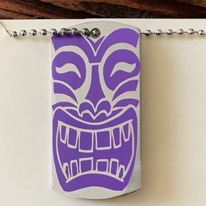 Purple Tiki Dog Tag and Ball Chain Necklace