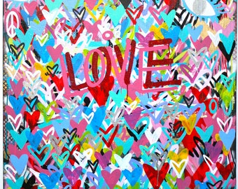 Chris Riggs love peace and hearts original painting modern word street art colorful fun contemporary rainbow NYC positive world peace pop uk