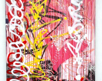 Chris Riggs big abstract original heart painting modern street art colorful pink red white yellow spray paint drip acrylic fine art NYC