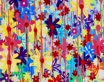 Free shipping 60"x48" inches original flower painting modern street art colorful fun contemporary pop art spray paint canvas modern flowers