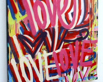 Chris Riggs ama la paz y los corazones pintura original palabra moderna arte callejero colorido diversión arco iris contemporáneo NYC mundo positivo paz pop uk