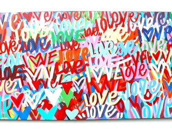 Chris Riggs love peace and hearts original painting modern word street art colorful fun contemporary rainbow NYC positive world peace pop uk