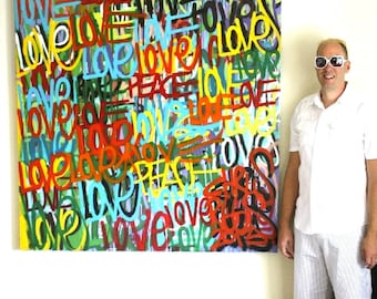 Chris Riggs love peace and hearts original painting modern word street art colorful fun contemporary rainbow NYC positive world peace pop uk