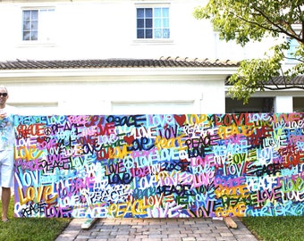 Chris Riggs giant big huge love and peace original painting modern word street art colorful fun happy