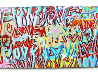 Chris Riggs love peace and hearts original painting modern word street art colorful fun contemporary rainbow NYC positive world peace pop uk