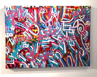 Chris Riggs love and hearts original painting modern word street art colorful fun happy contemporary rainbow NYC positive world peace pop uk