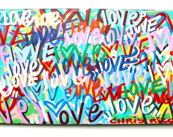 Chris Riggs love peace and hearts original painting modern word street art colorful fun contemporary rainbow NYC positive world peace pop uk