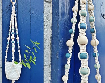 BEADED PLANT HANGER || Natural Cotton Cord & Blue Wooden Beads || Macrame Hanging Planter || 35 Inches Long