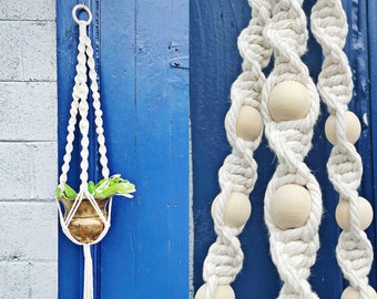 Large BEADED PLANT HANGER || Natural Cotton Cord & Wooden Beads || Macrame Hanging Planter || 44 Inches Long