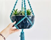 Macrame PLANT HANGER Turquoise and Blue Natural Cotton Hand Dyed Hanging Planter Handmade in CANADA