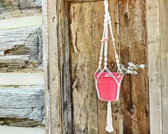 BEADED PLANT HANGER || Natural Cotton and Peach Wooden Beads || Macrame Hanging Planter || 36 Inches Long