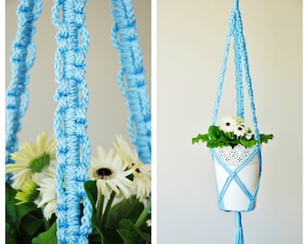 Light Blue Macrame Plant Hanger, made in Canada, with strong, thick synthetic cord, and a metal ring. ||  READY TO SHIP