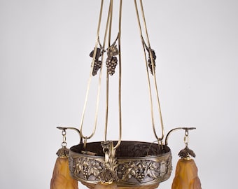 FRENCH Art-Deco Chandelier Degue David Guéron Amber