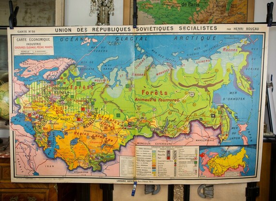 Large French Map Of The Ussr Urss 1970 School Aid Soviet Etsy