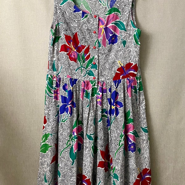 90's Tropical Drop Waist Dress / Size 14 XL