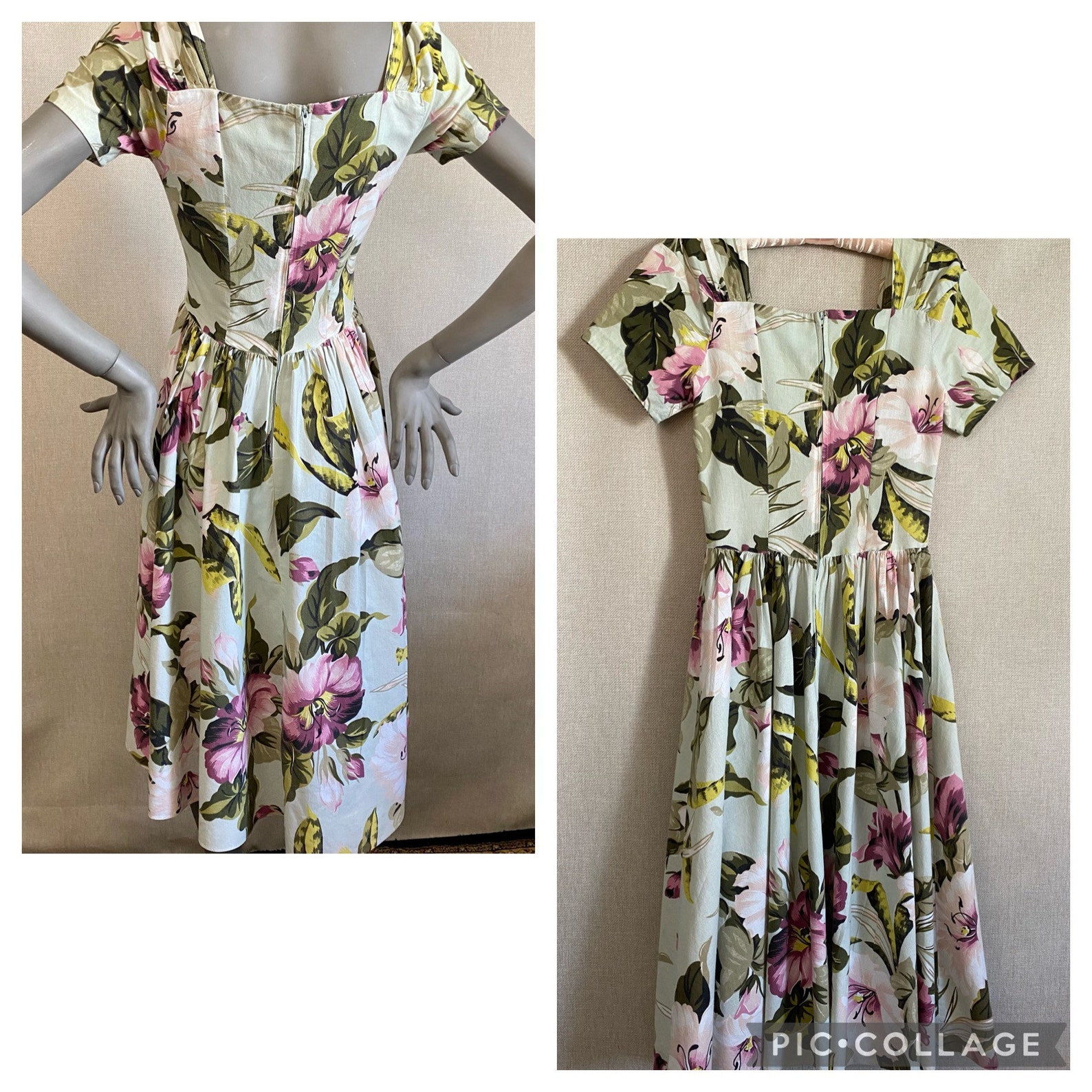 1980's Floral V Waist Dress / 1940's Style / Size 46 Etsy.de