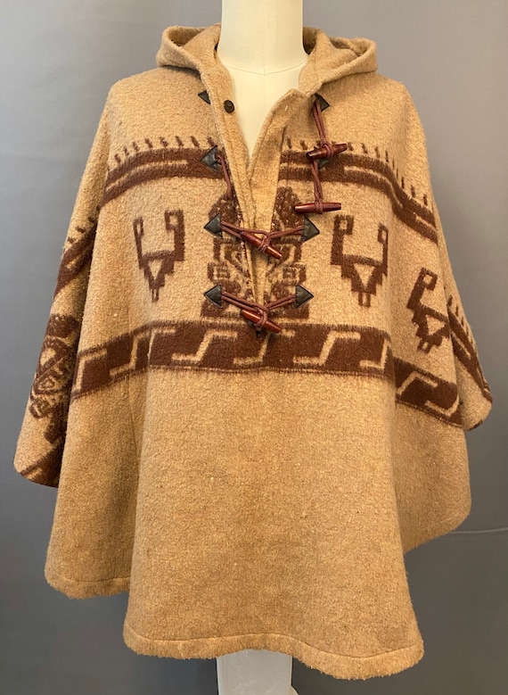 Vintage Blanket Poncho Aztec Southwest Hooded Togg