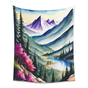 Colorful Watercolor Mountain Tapestry bedroom wall hanging living room ideas