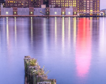 Domino Sugar Baltimore Wall Art, Maryland Inner Harbor Portrait Print, Industrial Skyline Neon Sign Poster, Twilight City Wall Decor