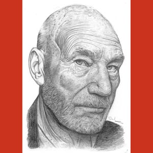 A3 Original Pencil Drawing of Patrick Stewart, Star Trek Generations, Picard